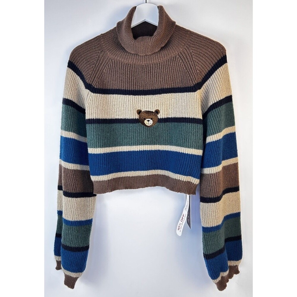 Romwe kawaii Striped Bear Sweater High Neck Bishop Sleeve Size Small NWT